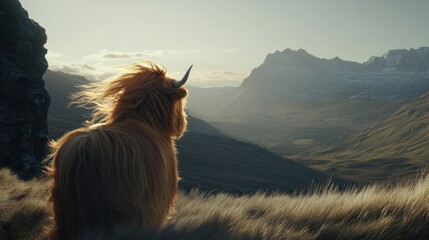 Highland Cow Gazing at the Majestic Mountains