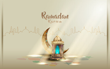 islamic greetings ramadan kareem card design with crescent and lantern