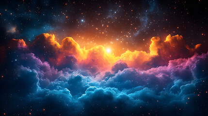 Fototapeta premium A long orange and blue cloud in space. The orange and blue colors are very bright and the cloud is very long