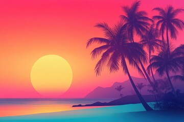 Obraz premium Vibrant Sunset Over Tropical Beach Scene With Palm Trees