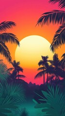Vibrant Sunset Over Lush Tropical Palm Trees