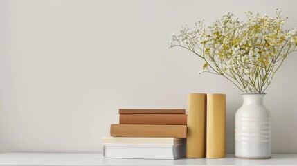 Neutral Home Decor Still Life Books, Flowers, Vase.