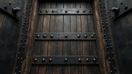 Dark Weathered Wooden Door with Metal Reinforcements
