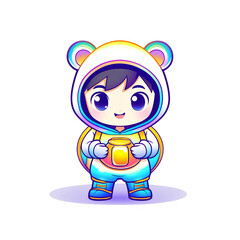 Playful character holding jar of honey digital art bright background whimsical environment cartoon style