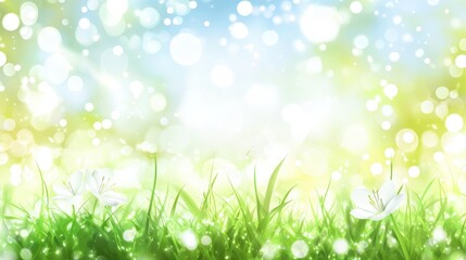Fototapeta premium Serene Spring Meadow White Flowers and Lush Green Grass in Soft Sunlight.