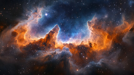 Fototapeta premium A long orange and blue cloud in space. The orange and blue colors are very bright and the cloud is very long
