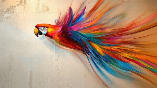 A dynamic image of a parrot soaring through the air, its colorful wings creating a burst of vibrant motion