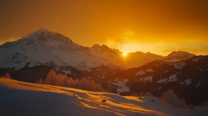 Golden Sunset Over Snowy Mountain Landscape