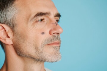 Obraz premium This image features a close-up portrait of a man with a beard, showcasing a mole on his face. The subject appears to be looking straight ahead with a neutral expression.