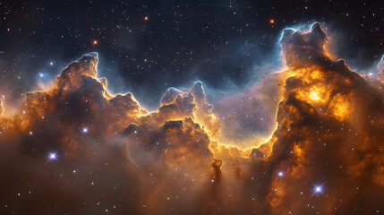 A long orange and blue cloud in space. The orange and blue colors are very bright and the cloud is very long