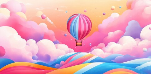 Naklejka premium Pink Hot Air Balloon Soaring Above Pastel Cloudscape
