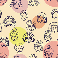 contemporary seamless pattern featuring doodle women's faces