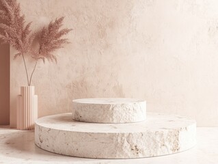 White pedestal with two round bases and a white vase with a brown stem. The pedestal is empty and the vase is filled with a brown flower. Scene is elegant and sophisticated