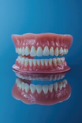 Obraz premium Set of pink and white fake teeth for a smile, showing upper and lower arches. Dental prosthesis used to replace missing or damaged teeth.