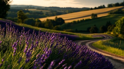 Sunset Lavender Field Road, Rolling Hills, Rural Scene