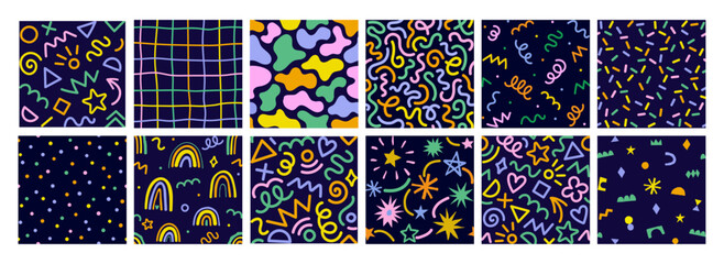Collection of retro 80s, 90s colorful vector seamless patterns. Doodle fun kid backgrounds. Childish cute hand drawn design useful for fabric, textile, cover, banner, label, print, wrapping, wallpaper