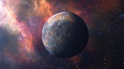 Obraz premium A cratered planet orbits within a vibrant nebula