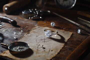 Handmade diamond ring in progress on a workbench with tools and materials surrounding it.