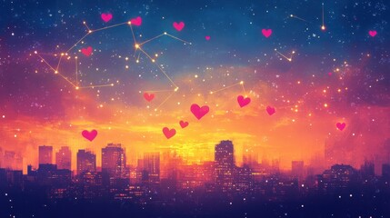 Fototapeta premium Cityscape Silhouette Underneath A Starry Night Sky With Hearts