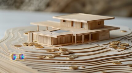 Architectural Model House with Coins Representing Property Value.