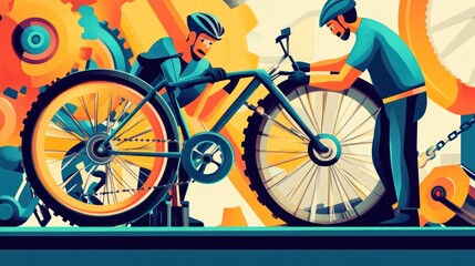 Fototapeta premium Two cyclists repairing a bicycle amidst gears.