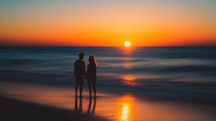 Couple enjoying sunset on beach with blurred silhouettes and warm colors