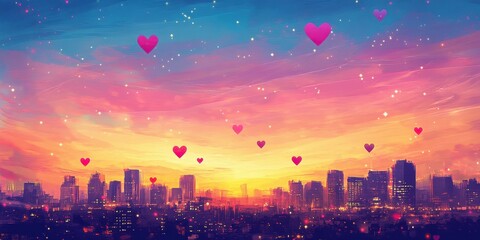 Obraz premium Romantic Cityscape Sunset Hearts Floating Above Buildings