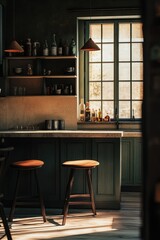 Fototapeta premium A neatly organized kitchen with wooden cabinets and shelves, bar area with stools, window overlooking a garden, and vintage appliances.