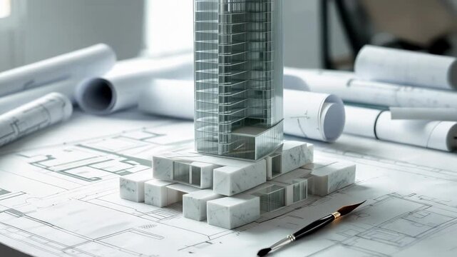 Architectural model of a skyscraper on blueprint with drafting tools
