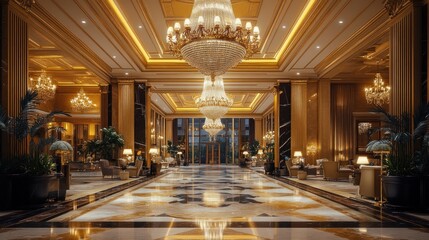 Fototapeta premium Luxurious Hotel Lobby with Golden Accents