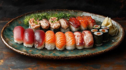 Assorted Sushi Platter on Rustic Table.  Food photography for menu or blog