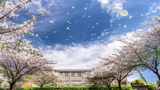 日本の春・桜並木の道と学校の校舎 　風に舞い散る花びら花吹雪美しい満開の桜に青空とさわやかな雲の景色の背景　入学・卒業・入社・新生活・花見・はじまり・希望のイメージ壁紙　