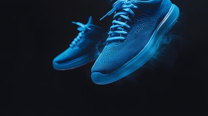 Blue athletic shoes levitate against a dark background