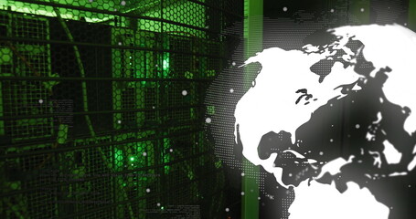 Rotating globe and data processing image over green and black background