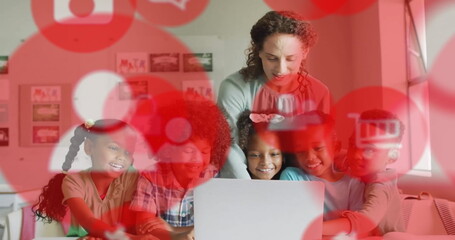 Image of icons over diverse schoolchildren and teacher using laptop