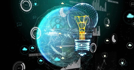 Image of digital lightbulb and media icons over globe and data processing