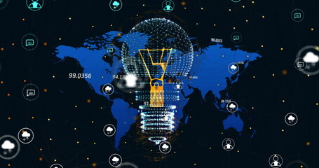 Image of digital lightbulb and media icons over world map and data processing