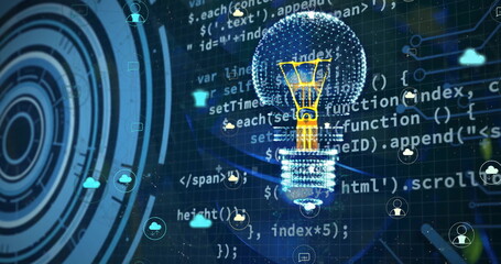 Image of digital lightbulb and media icons over scope scanning and data processing