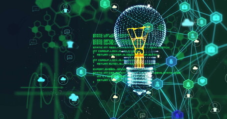 Image of digital lightbulb and media icons over chemical formula and data processing