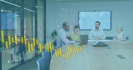 Image of charts processing data over diverse colleagues having meeting
