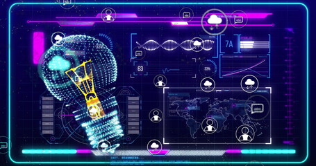 Image of digital lightbulb and media icons over world map and data processing