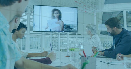 Image of charts processing data over diverse colleagues having business image call