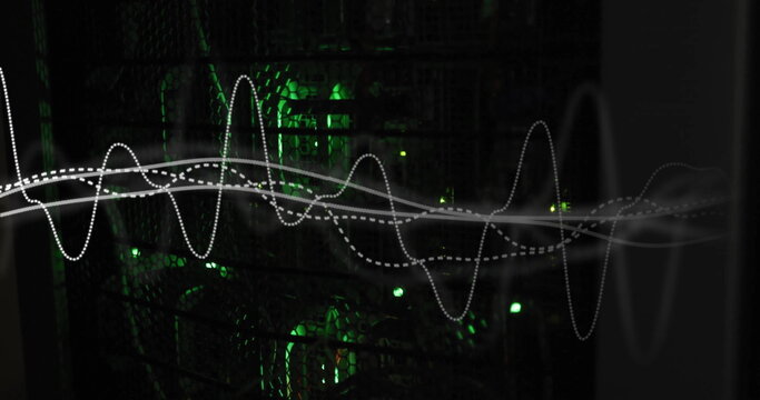 Waveform image over green-lit server racks in data center