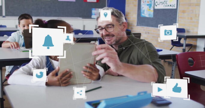 Image of network of connections with icons over diverse schoolgirl and teacher using tablet
