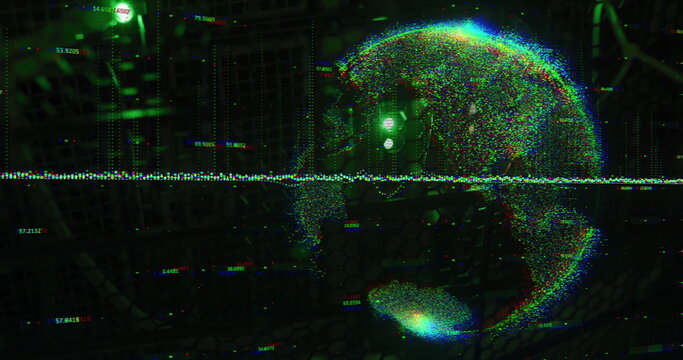 Glitch effect image over digital globe and cityscape background