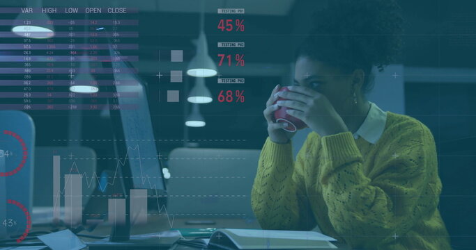 Image of charts processing data over biracial businesswoman working late at office - Powered by Adobe