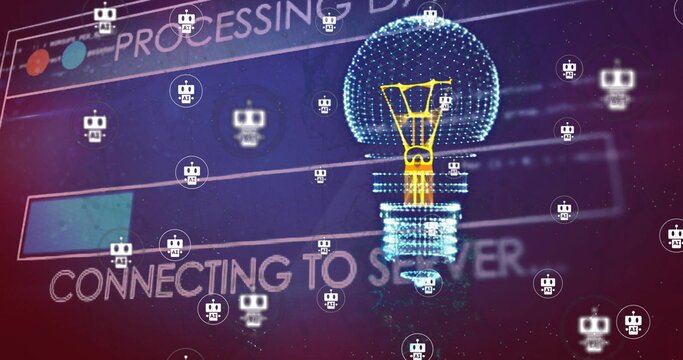 Image of digital lightbulb and robot icons over loading bar and data processing - Powered by Adobe