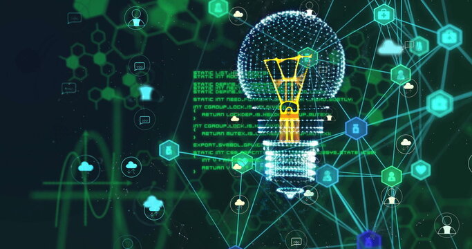 Image of digital lightbulb and media icons over chemical formula and data processing