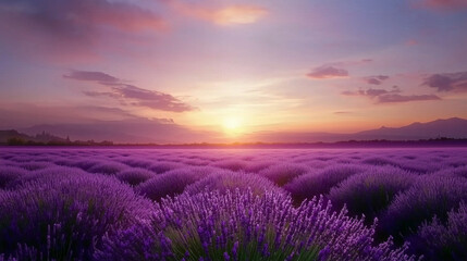 Stunning Lavender Fields at Sunset with Vibrant Purple Rows and Golden Hour Tranquility in a Picturesque Landscape






