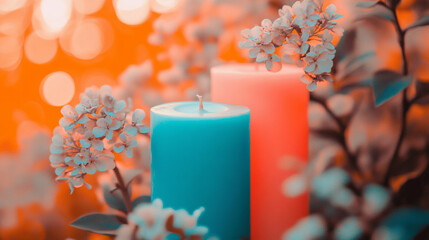 Serene pink and blue candles with blossoming floral arrangement in soft pastel ambiance conveying peace balance and renewal surrounded by blurred bright tones with empty space for captions

